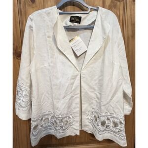 Bob Mackie Linen Blend Jacket Embroidered Open Front Lagenlook L